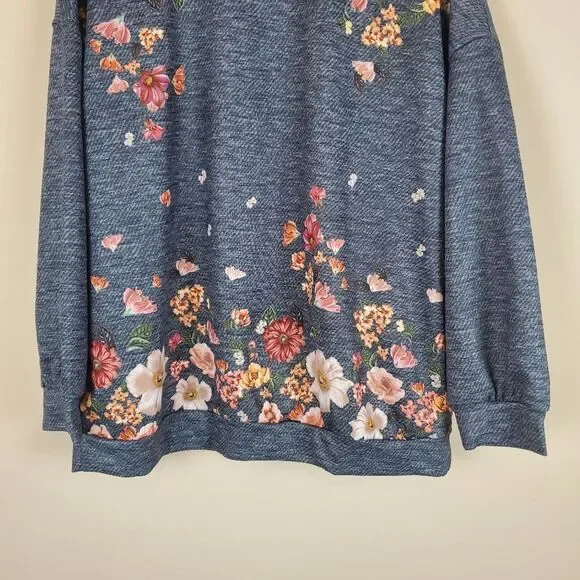 Emery Rose Dark Gray Floral Print Drop Shoulder Sweatshirt Size 1Xl - Picture 3 of 6
